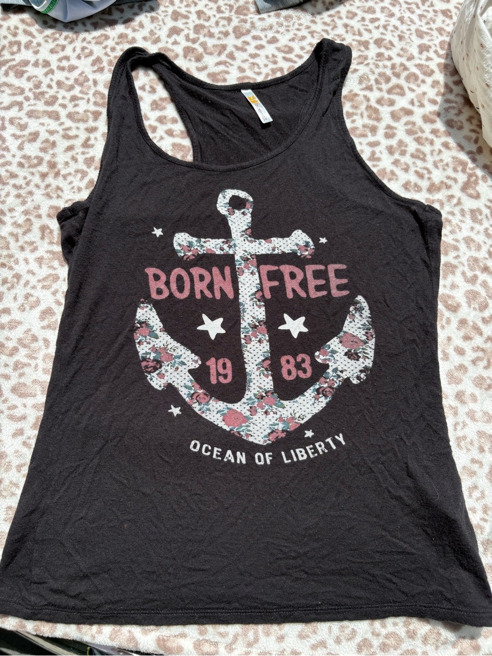 Born Free Anchor Graphic Tank Top Black with Floral Accent Size Large